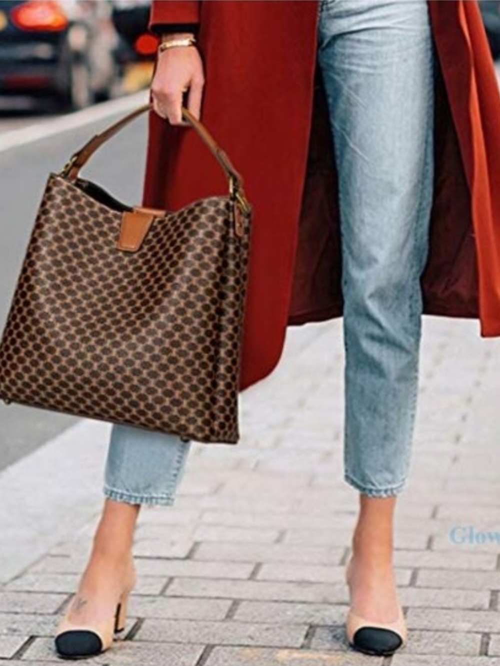 Brown Patterned Tote Bag with Top Handle